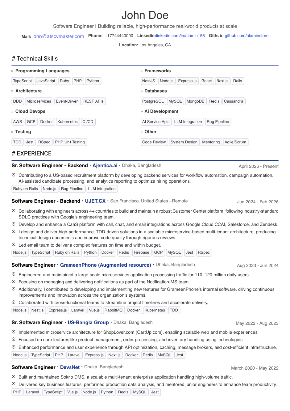 Sample resume created with CVMaster